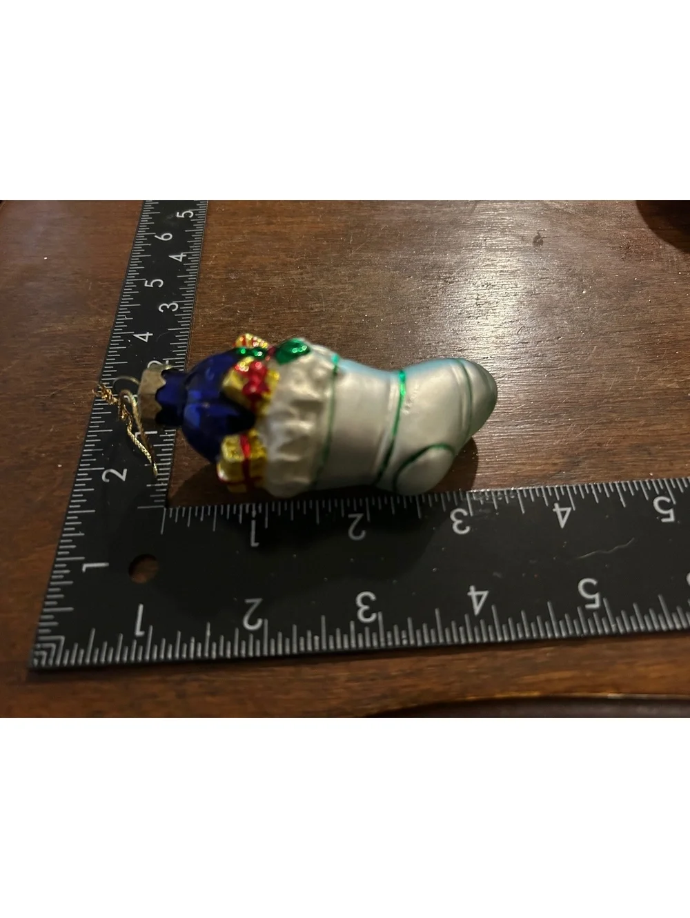 Vintage Glass Christmas Stocking Ornament with Blue Top and Gift Decorations